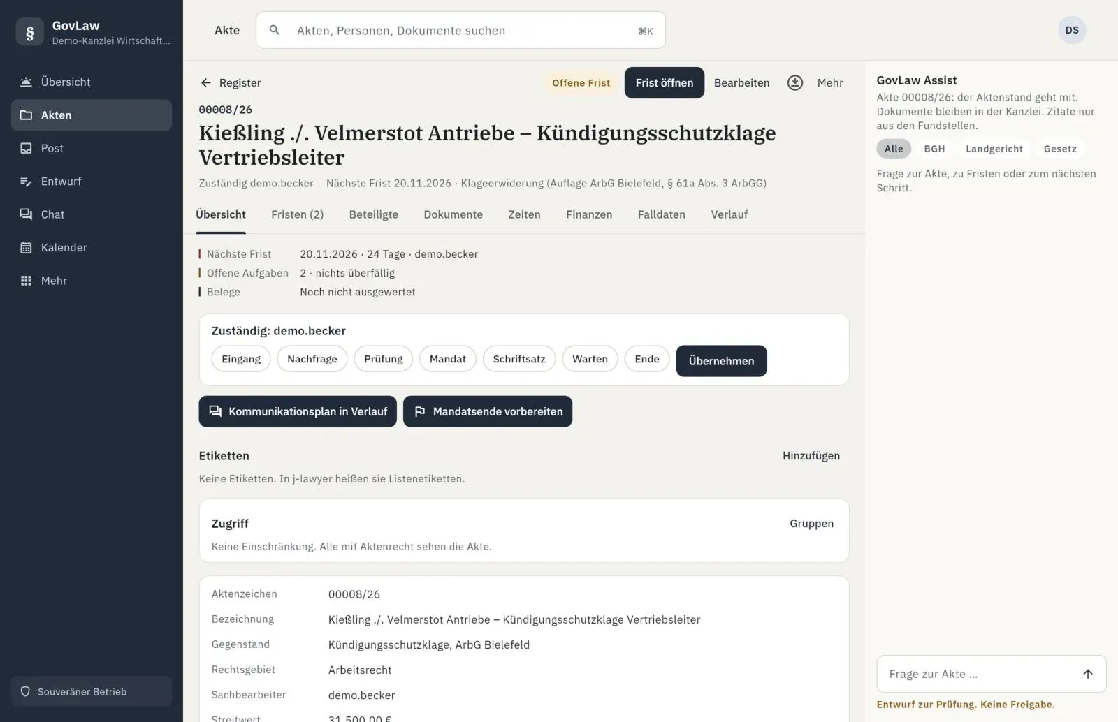 GovLaw in the browser: demo matter 00008/26, an unfair dismissal claim before the labour court in Bielefeld. At the top the next deadline on 20 November 2026 marked as open, below responsibility and work steps from intake to closing. On the right the GovLaw Assist panel with a question field and the note that drafts require review. Interface in German.